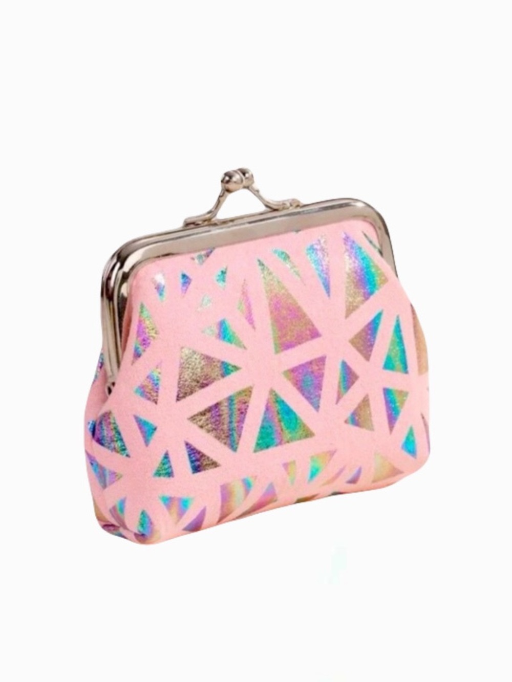New Holographic Geometric Pink Stripe Rainbow Snap Closure Polyester Coin Purse